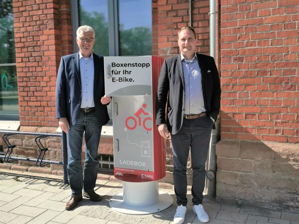 v.l. Wobau-Geschftsfhrer Detlef Koch und Prokurist Andr Baars bergeben die neue Ladestation, die von Einheimischen und Touristen gleichermaen genutzt werden kann.