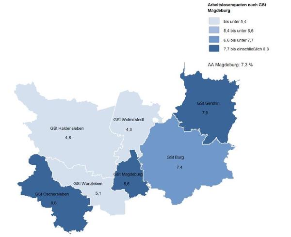 Die aktuelle Grafik der Arbeitsagentur Magdeburg mit den Arbeitslosenquoten der einzelnen Geschäftsstellenbereiche. Quelle: Arbeitsagentur Magdeburg