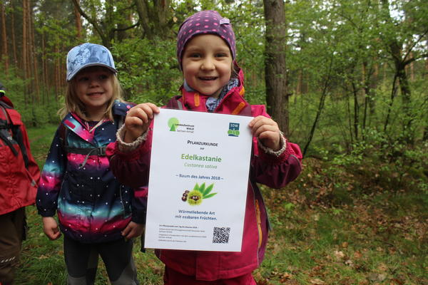 v.l.: Frida und Antje zeigen stolz die Urkunde für den Einsatz der Waldkinder