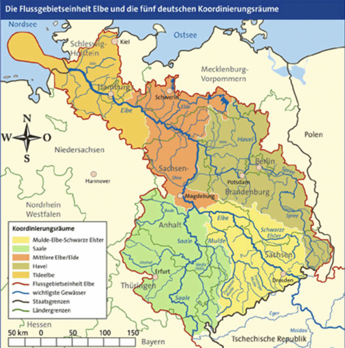 Die Flussgebietseinheit Elbe und die fünf deutschen Koordinierungsräume