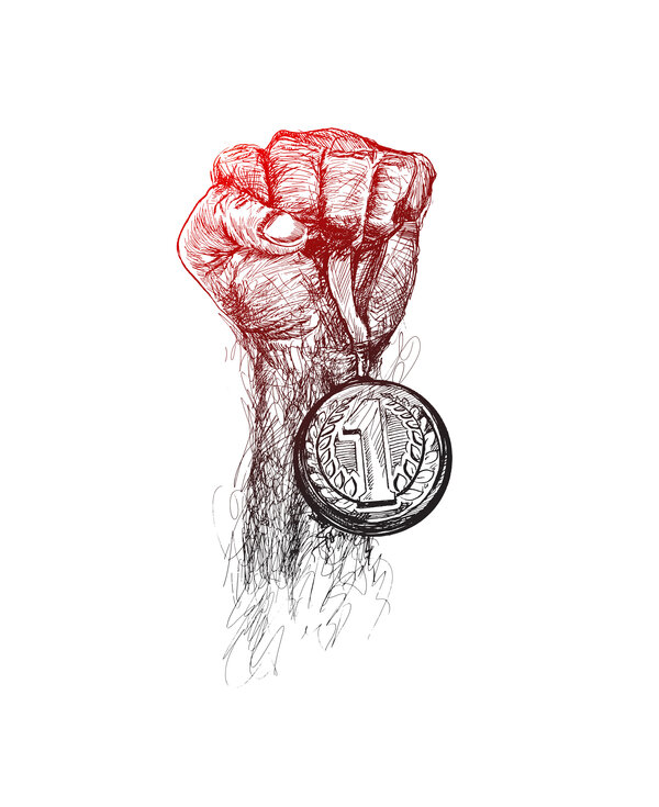 Hand raised and holding gold medal, Award of Victory, Sketch Vec