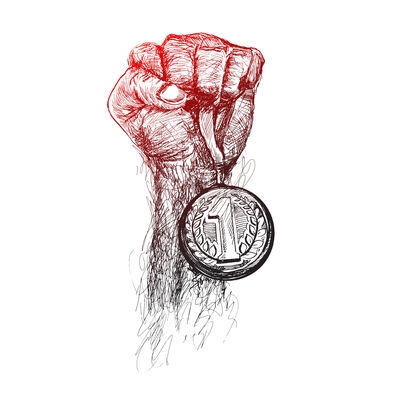 Hand raised and holding gold medal, Award of Victory, Sketch Vec