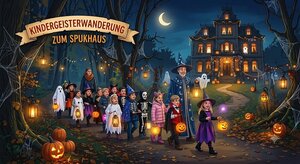 KI generiert_Gemini_Kindergeisterwanderung zum Spukhaus_Cartoon