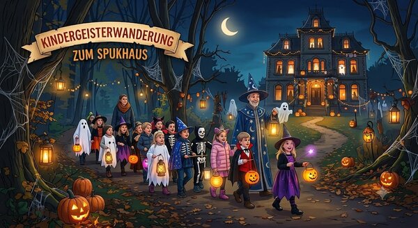 KI generiert_Gemini_Kindergeisterwanderung zum Spukhaus_Cartoon