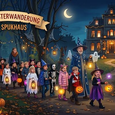 KI generiert_Gemini_Kindergeisterwanderung zum Spukhaus_Cartoon