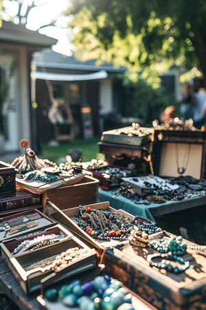 Close-up shot of a small, quaint garage sale in a home's backyard, showing a detailed view of vintage jewelry and old books on a table, with a single person browsing, and the house visible in the background. --ar 2:3 --v 6 Job ID: 523b825c-99db-4004-9