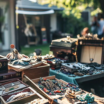 Close-up shot of a small, quaint garage sale in a home's backyard, showing a detailed view of vintage jewelry and old books on a table, with a single person browsing, and the house visible in the background. --ar 2:3 --v 6 Job ID: 523b825c-99db-4004-9